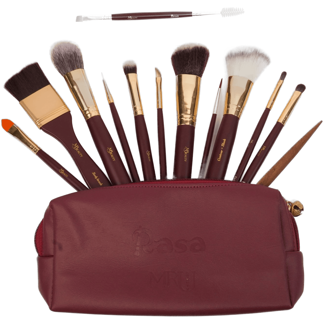 Rasa brushes fanned above the pouch